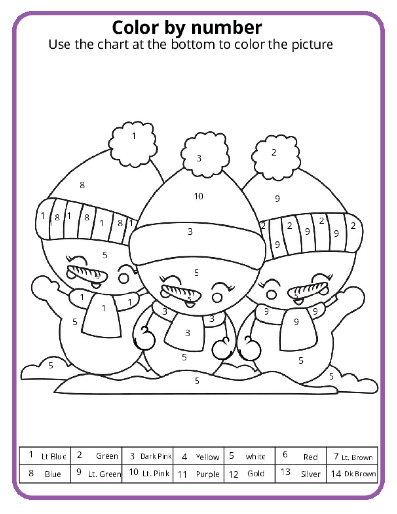 winter colornumber pages - k12 math worksheets